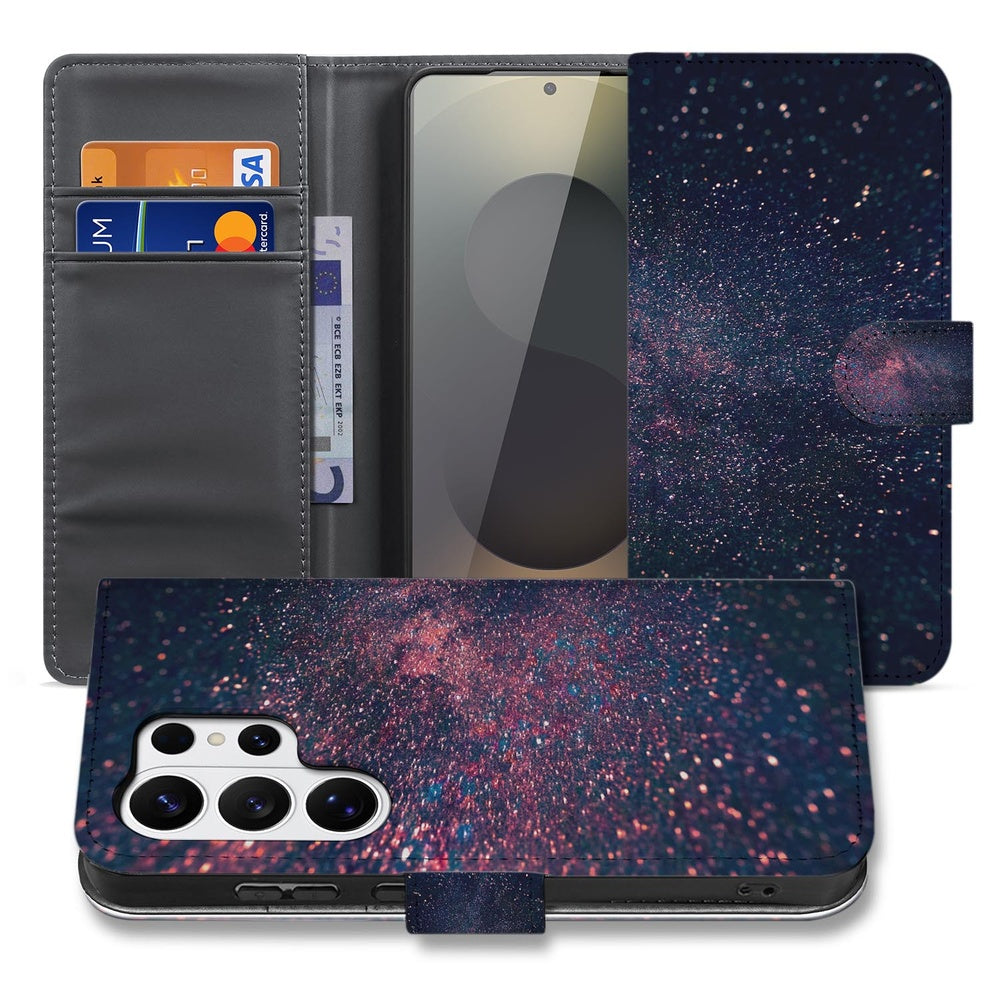 Book Case Samsung Galaxy S26 Ultra Paars Blauw Glitter Sterren Portemonnee Hoesje vooraanzicht.