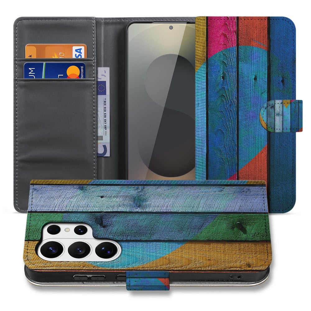 Book Case Samsung Galaxy S26 Ultra Wood Heart met Magnetische sluiting portemonnee hoesje vooraanzicht.