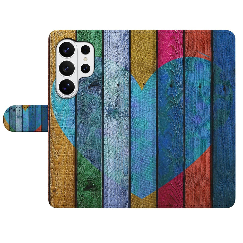 Book Case Samsung Galaxy S26 Ultra Wood Heart met Magnetische sluiting kleurrijk hart ontwerp voorkant.