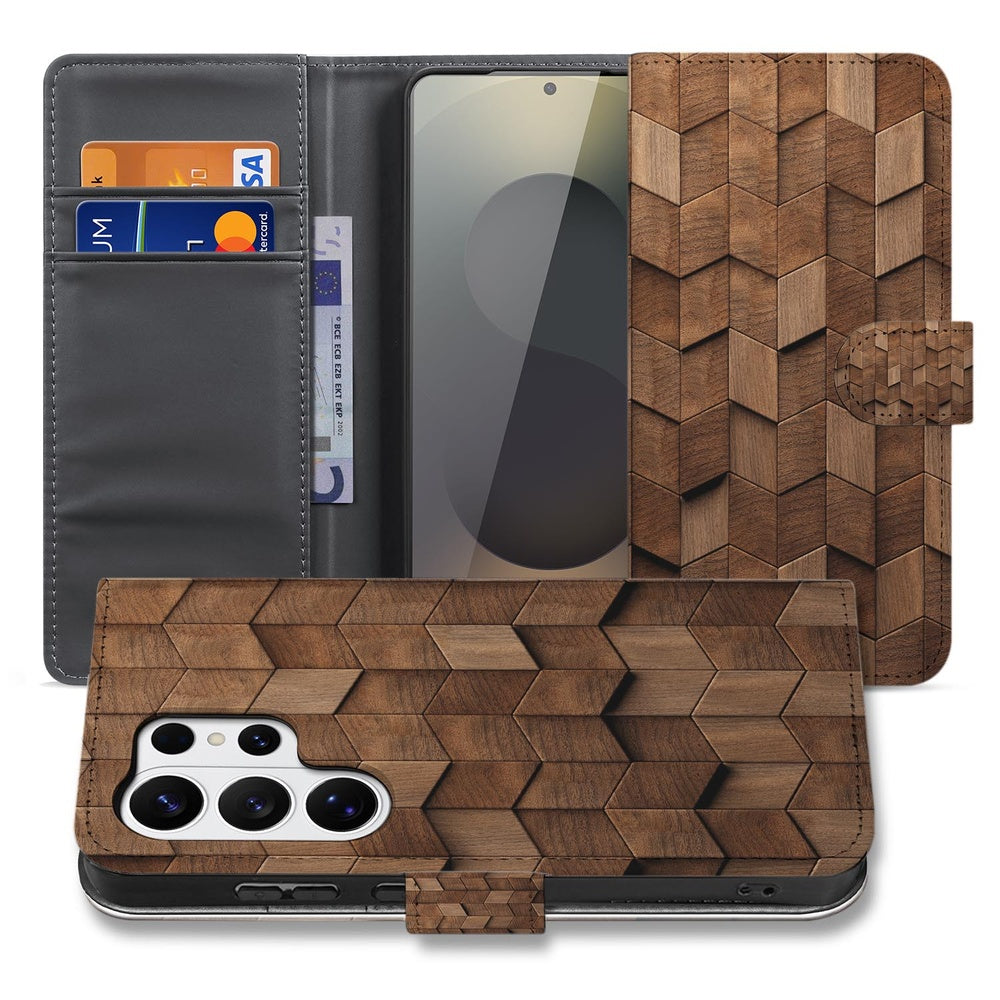 Book Case Samsung Galaxy S26 Ultra Bruin Houtprint Kubusprint met Pasjeshouder Vooraanzicht.