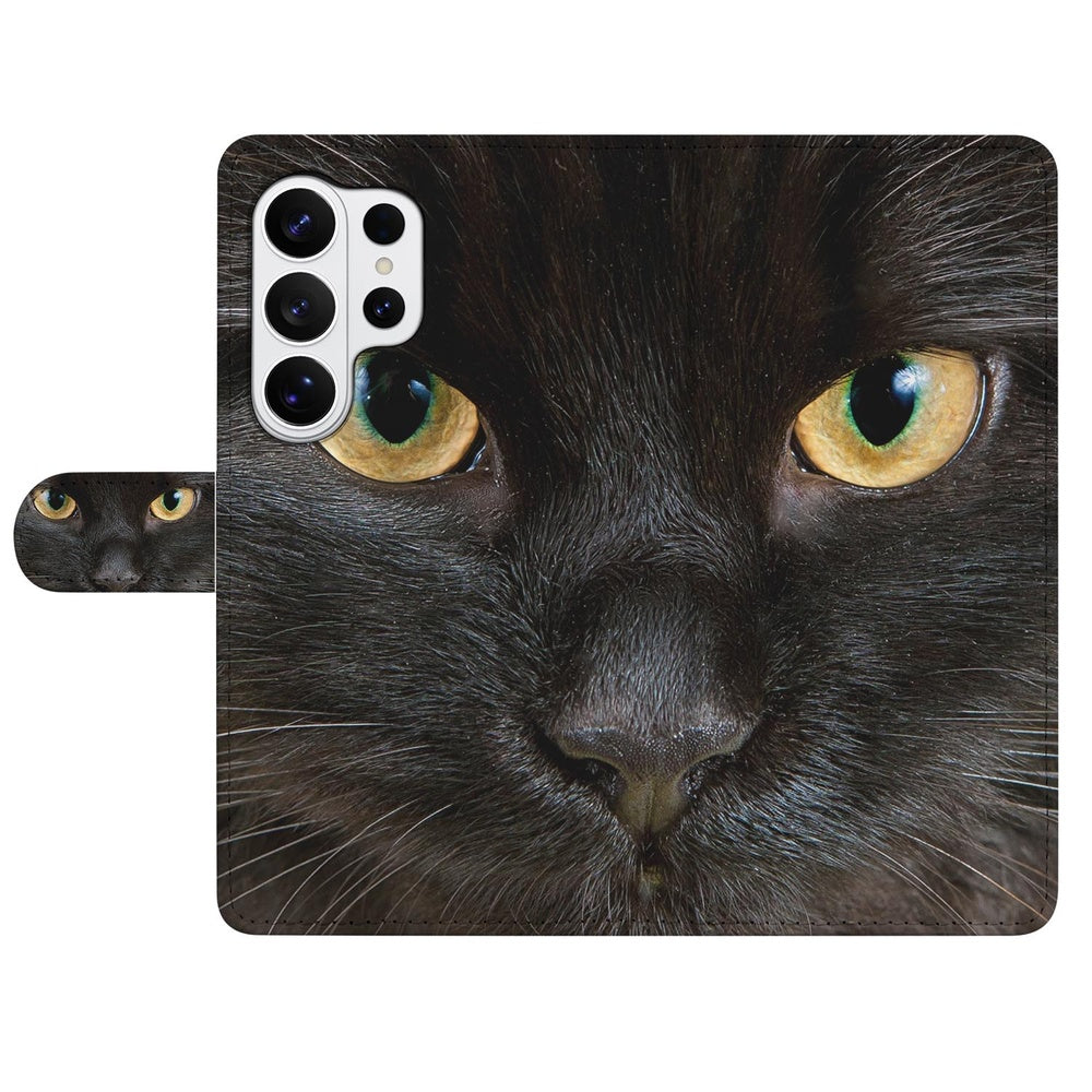 Portemonnee Hoesje Samsung Galaxy S26 Ultra Zwarte Kat met Pasjeshouder voorkant detail afbeelding.