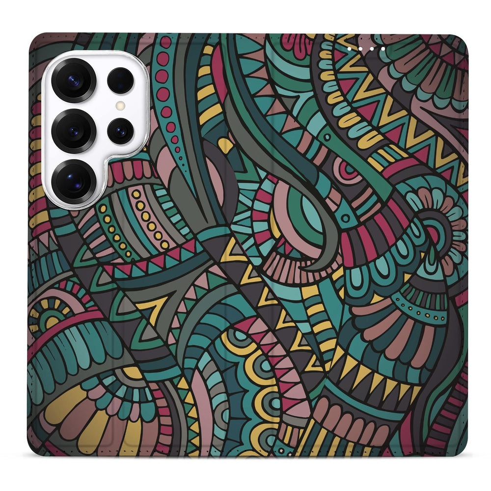 Samsung Galaxy S26 Ultra Book Case Aztec detail. Kleurig retro patroon, artistiek design, praktisch.