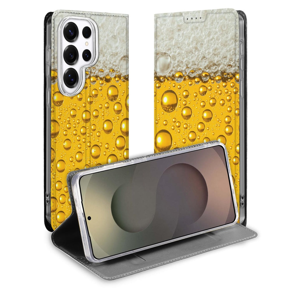 Samsung Galaxy S26 Ultra Book Wallet Case Bier voorkant en binnenkant met biervlaks ontwerp.