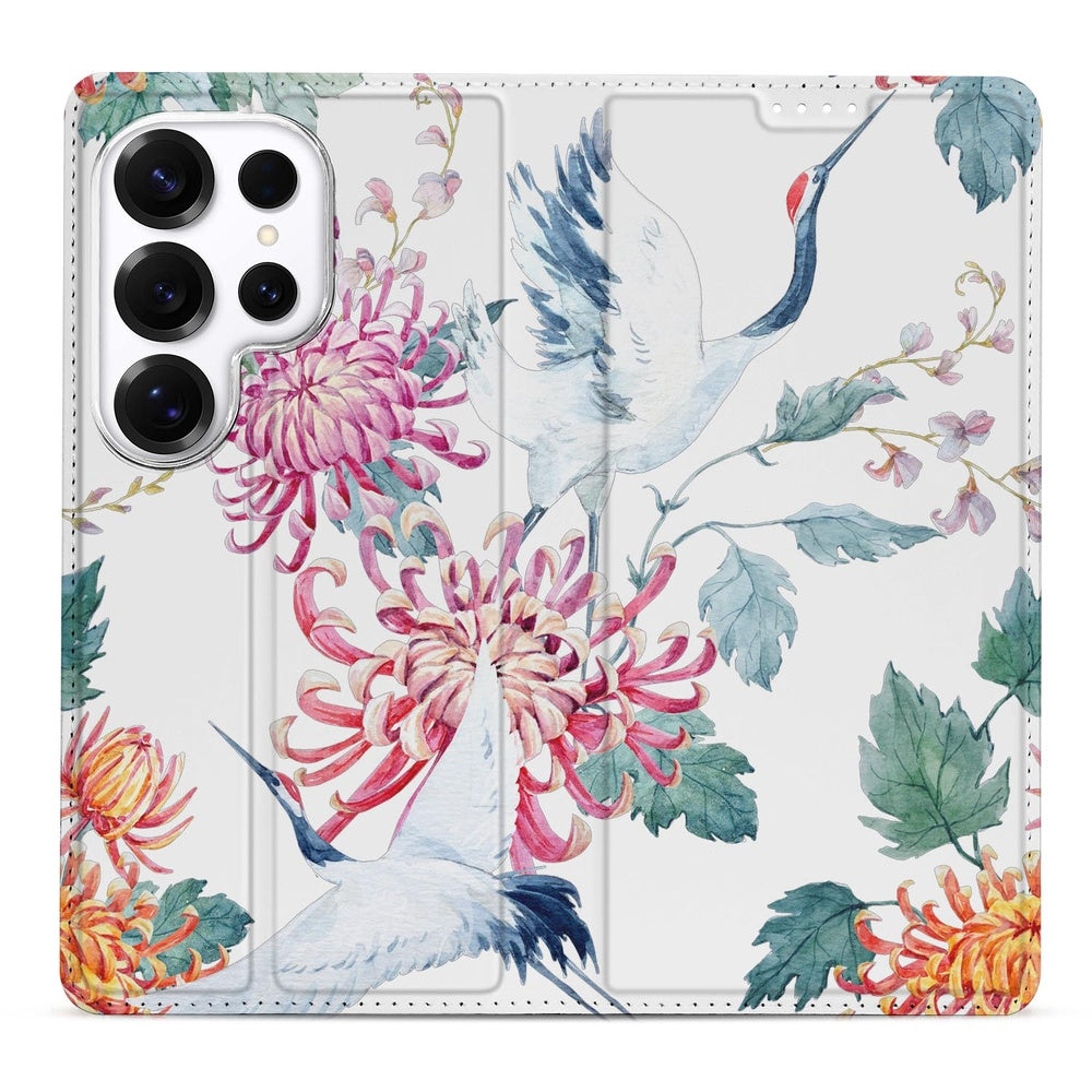 Samsung Galaxy S26 Ultra Flip Style Cover Bird Flowers Vooraanzicht.