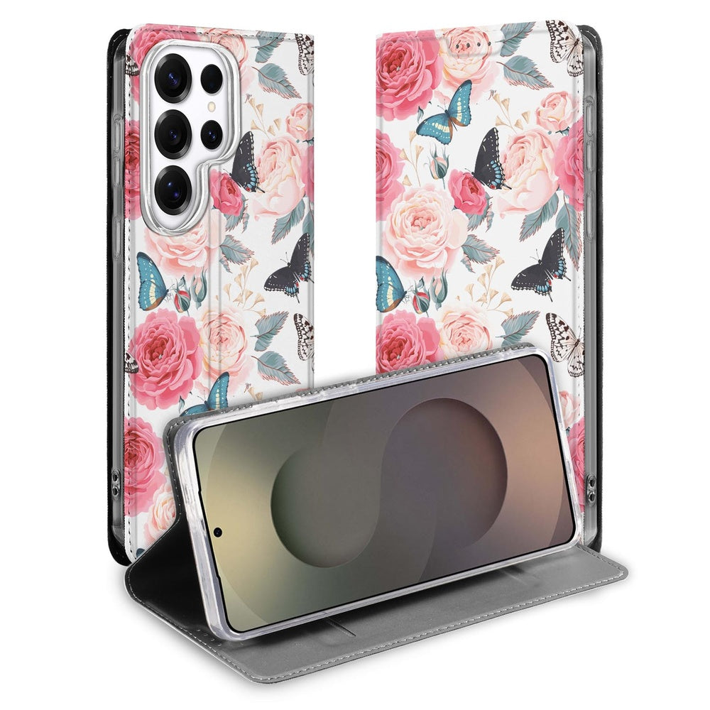 Samsung Galaxy S26 Ultra Standcase Hoesje Butterfly Roses Vooraanzicht.