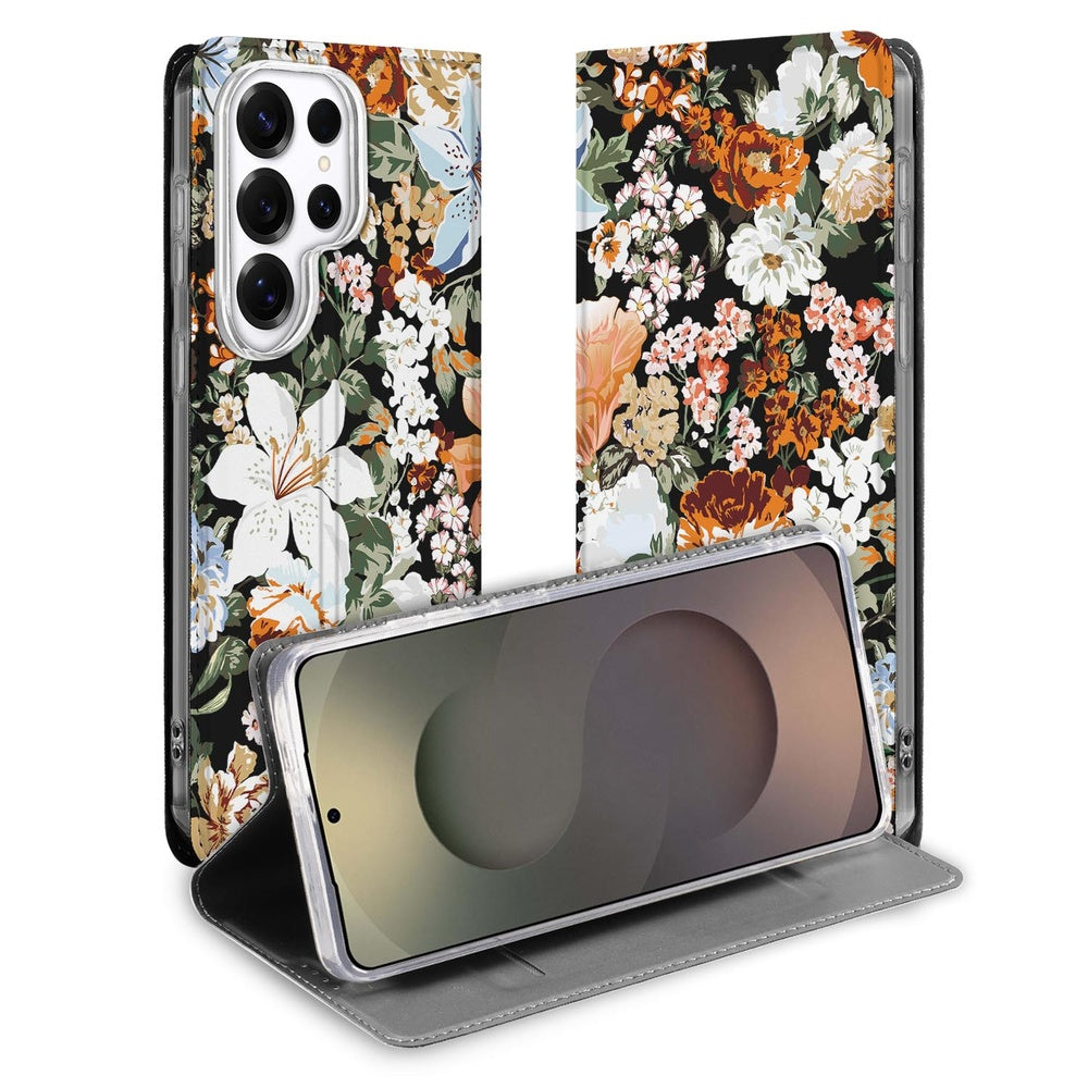 Samsung Galaxy S26 Ultra Flip Style Cover Dark Flowers Vooraanzicht.