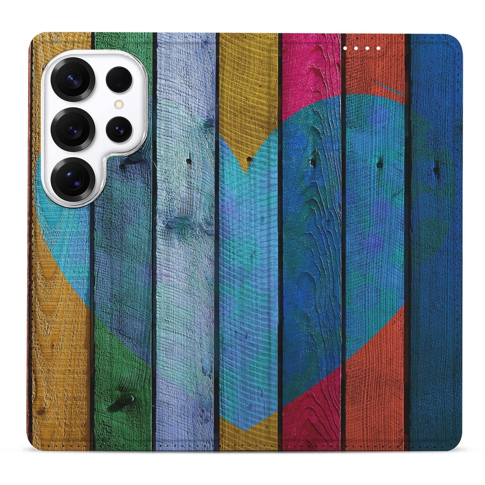 Samsung Galaxy S26 Ultra Book Case Wood Heart Hoes met kleurrijke houten hartprint Vooraanzicht.