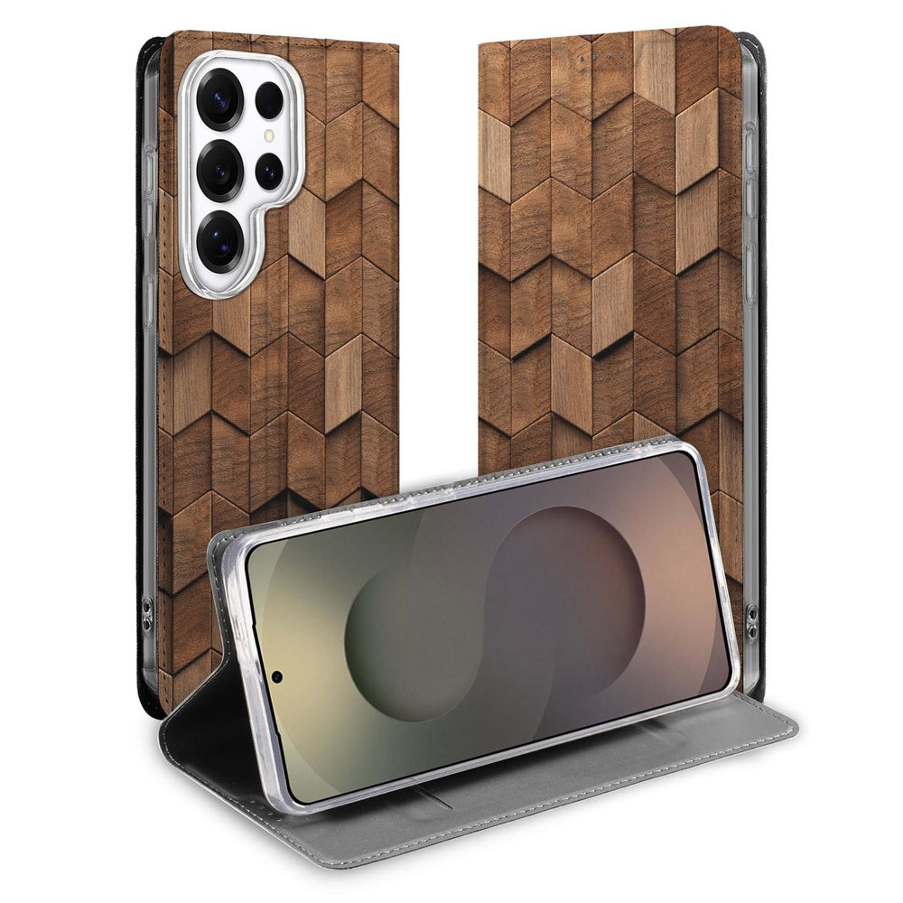 Samsung Galaxy S26 Ultra Book Case Wooden Cubes houten design vooraanzicht.