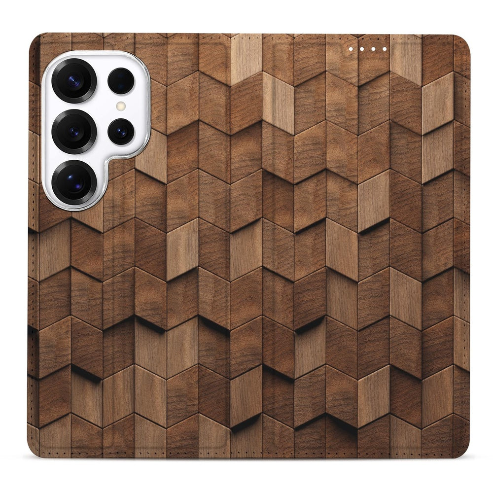 Samsung Galaxy S26 Ultra Book Case Wooden Cubes houten design vooraanzicht.