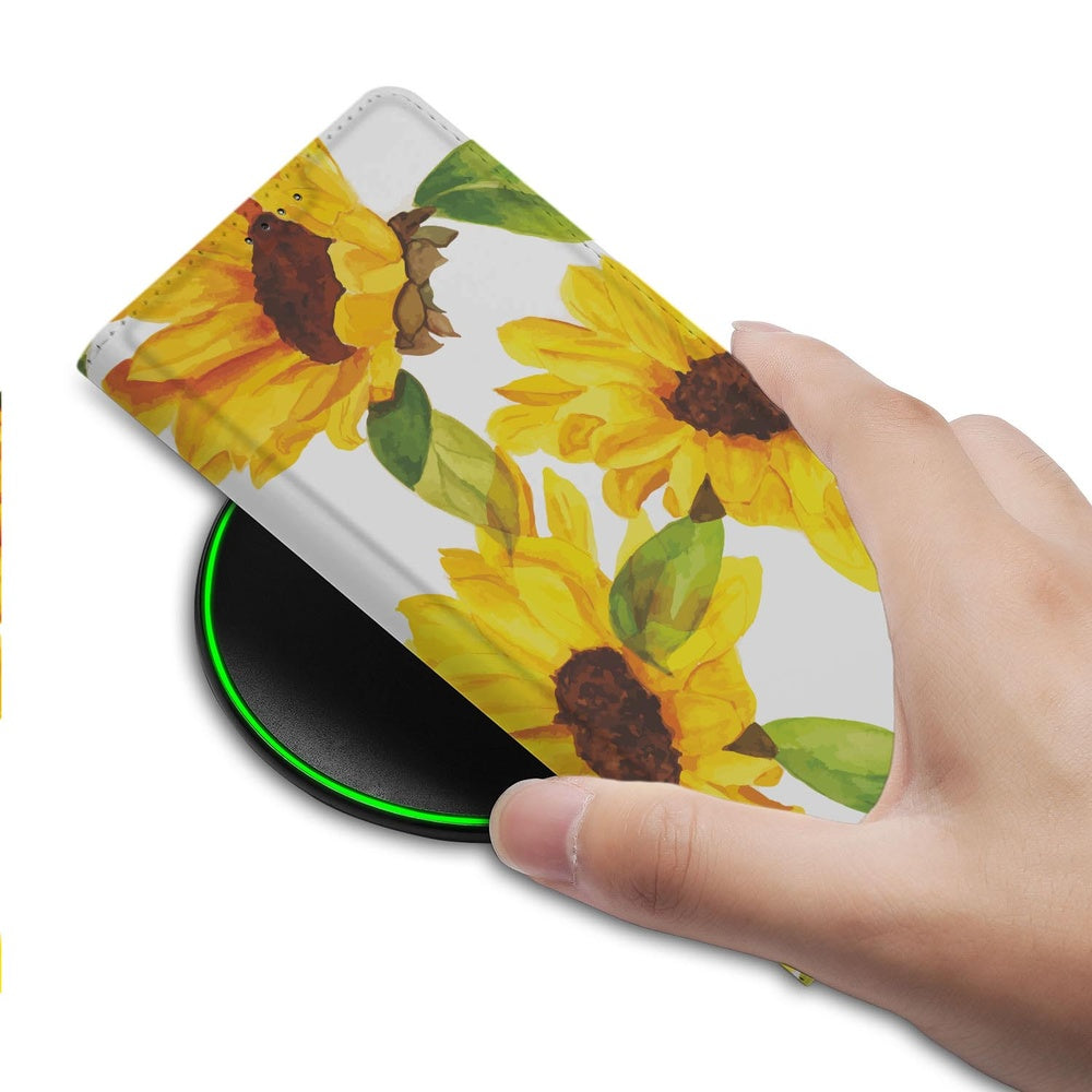 Samsung Galaxy S26 Ultra Book Case Hoesje Zonnebloemen detail met hand en zonnebloemen design.