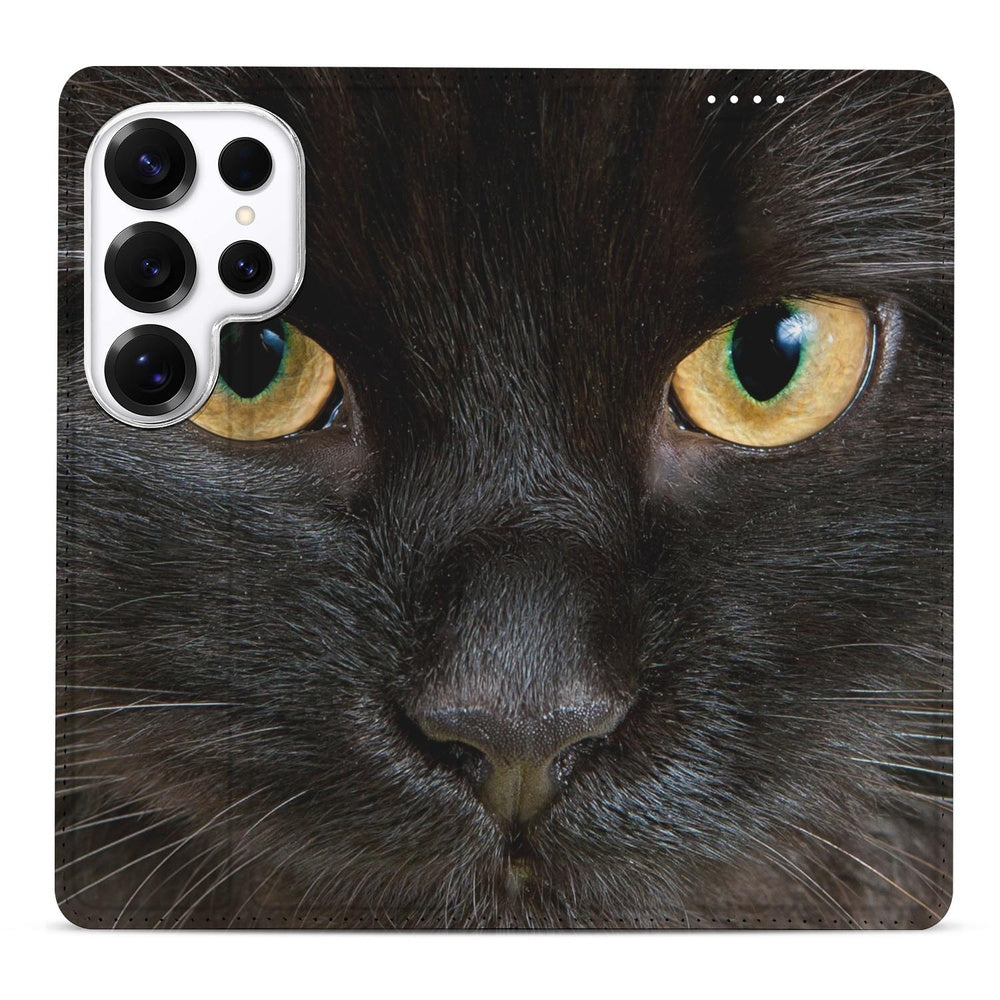 Samsung Galaxy S26 Ultra Bookcase Zwarte Kat voorkant met afbeelding van een zwarte kat.