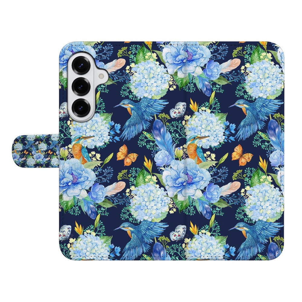 Samsung Galaxy S26 Telefoonhoesje Met Pasjes Ijsvogel telefoonhoesje ijsvogel bloemen donkerblauw vooraanzicht.