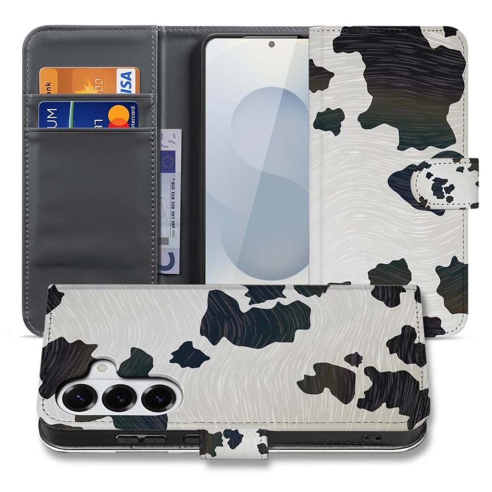 Samsung Galaxy S26 Book Case Hoesje Koeienvlekken met slanke uitstraling en ruimte voor Travelcard factuur.