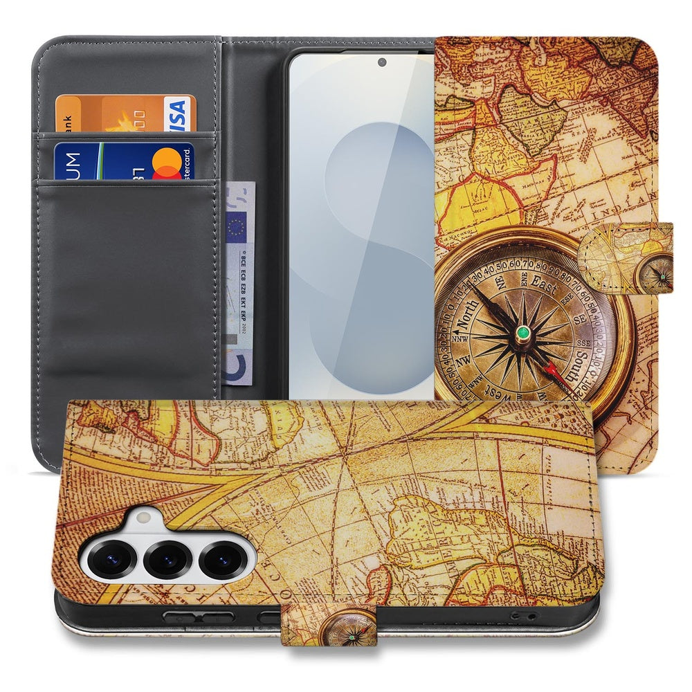 Samsung Galaxy S26 Book Case Hoesje Kompas met kaart en kompasdesign voor stijlvolle bescherming.
