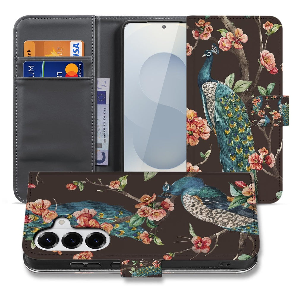Samsung Galaxy S26 Bookcase Hoesje Pauw Bloemen Print Vooraanzicht.