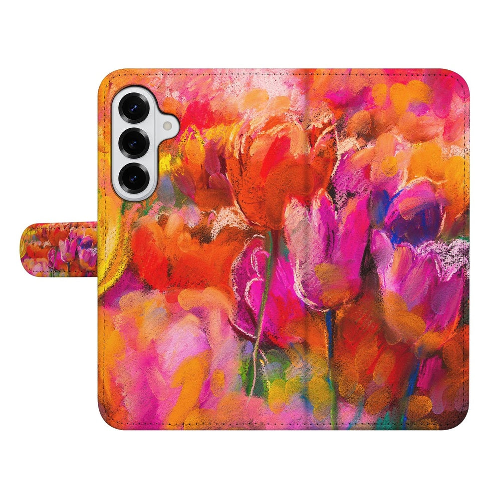 Samsung Galaxy S26 Bookcase Hoesje Tulips Tulpen watercolor print Vooraanzicht.