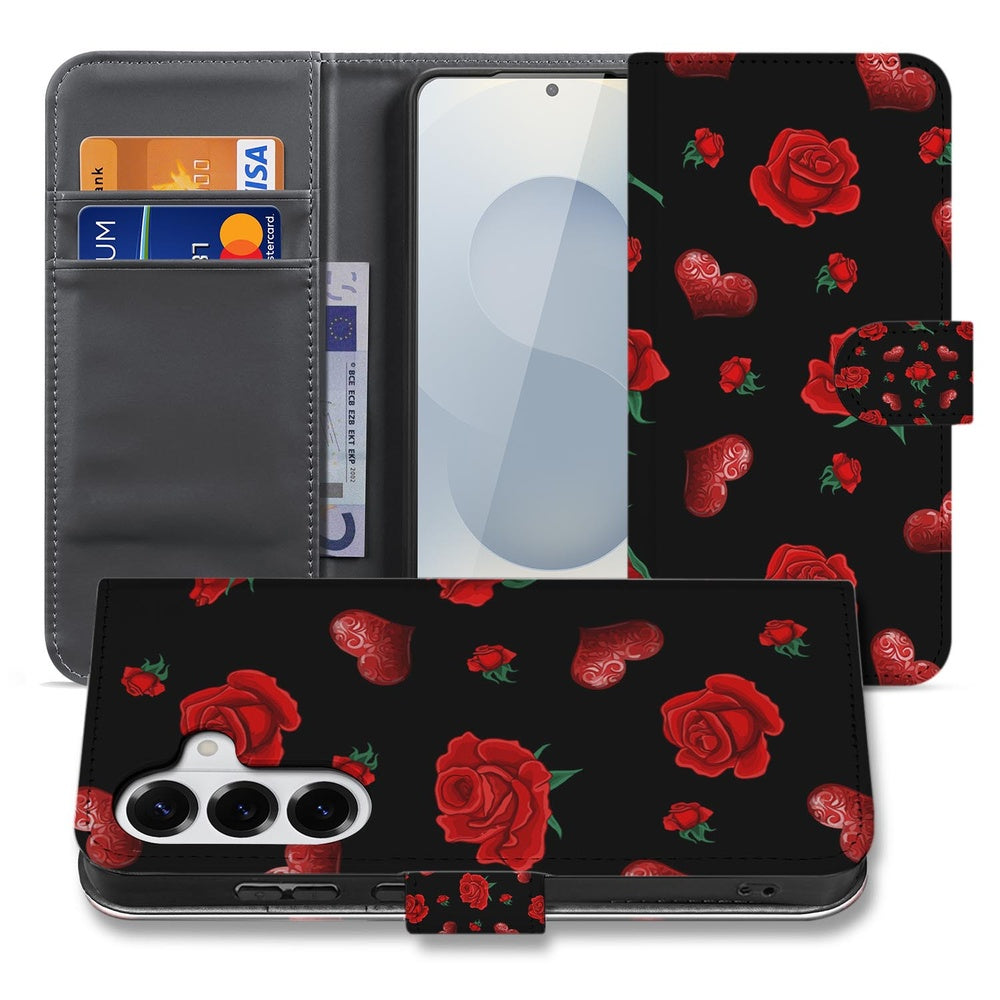 Samsung Galaxy S26 Book Case Hoesje Valentine rozenprint zwart vooraanzicht.