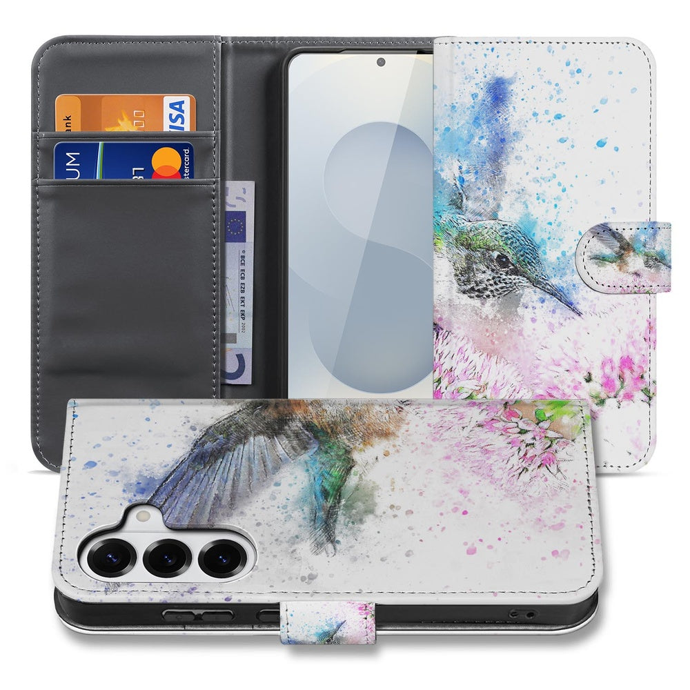 Samsung Galaxy S26 Portemonnee Hoesje Vogel Print vooraanzicht met kolibrieprint en binnenvak voor kaarten.