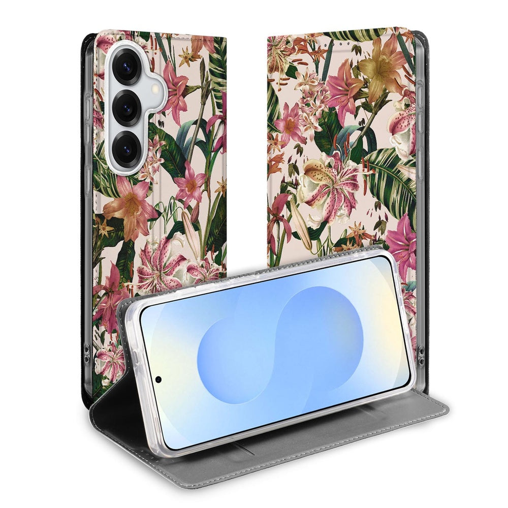 Samsung Galaxy S26 Smart Cover Hoesje Flowers bloemenontwerp voorkant en zijkanten.