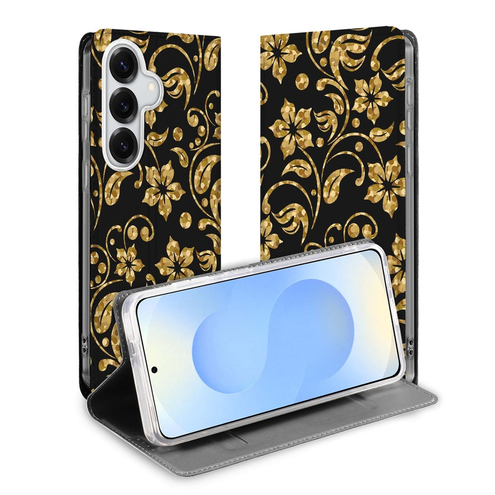 Samsung Galaxy S26 Book Case Telefoonhoesje Gouden Bloemen Vooraanzicht.