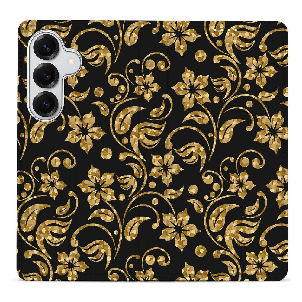 Samsung Galaxy S26 Book Case Telefoonhoesje Gouden Bloemen Vooraanzicht.