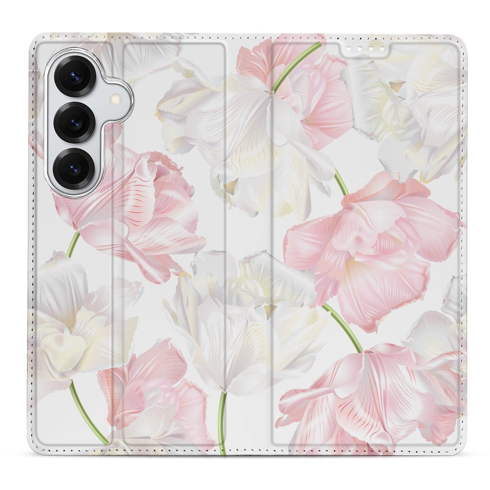 Samsung Galaxy S26 Book Case Lovely Flowers vooraanzicht met witte en roze bloemen op een lichte achtergrond.