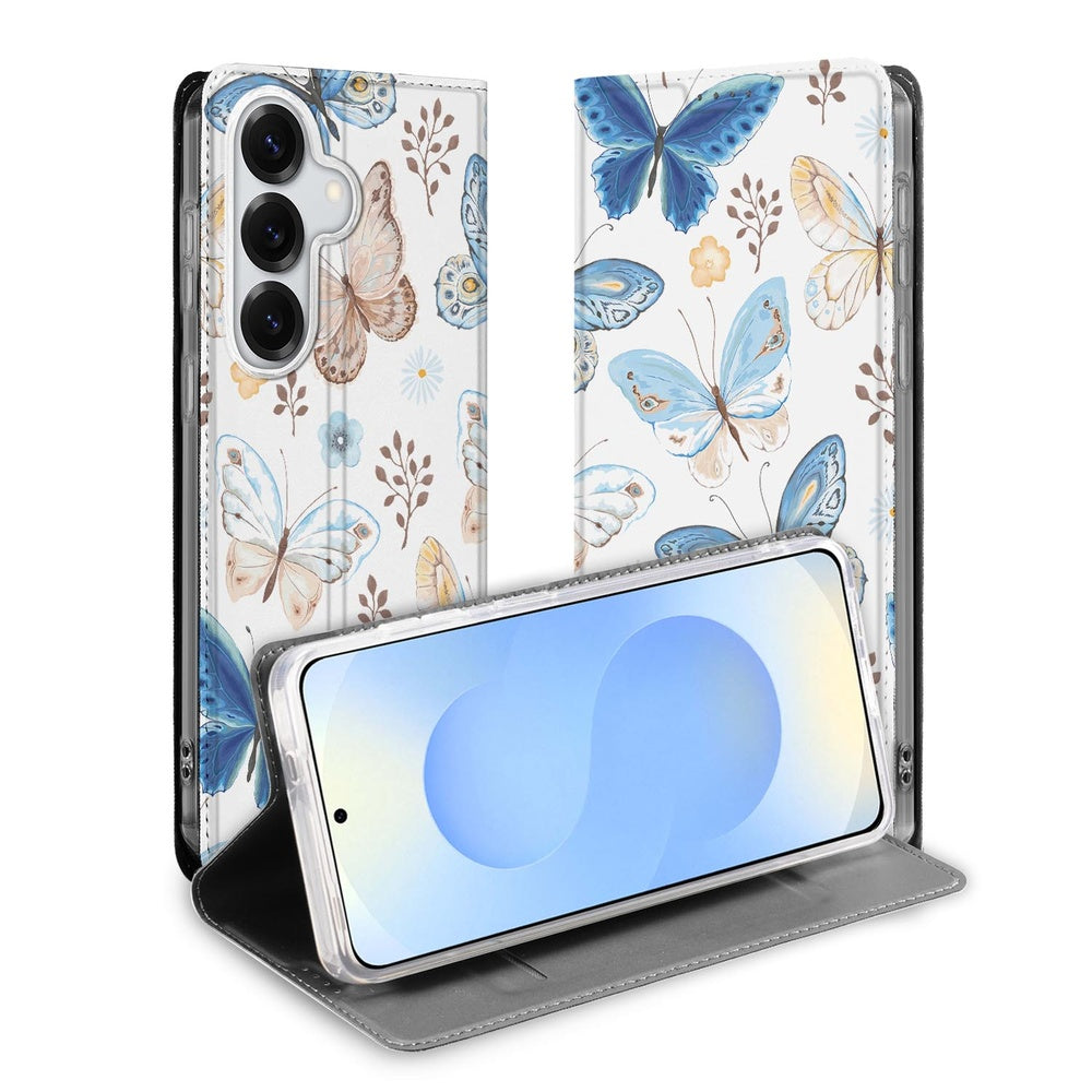 Samsung Galaxy S26 Telefoonhoesje Vlinder Vooraanzicht met vlinderdesign en smartphone zichtbaar.