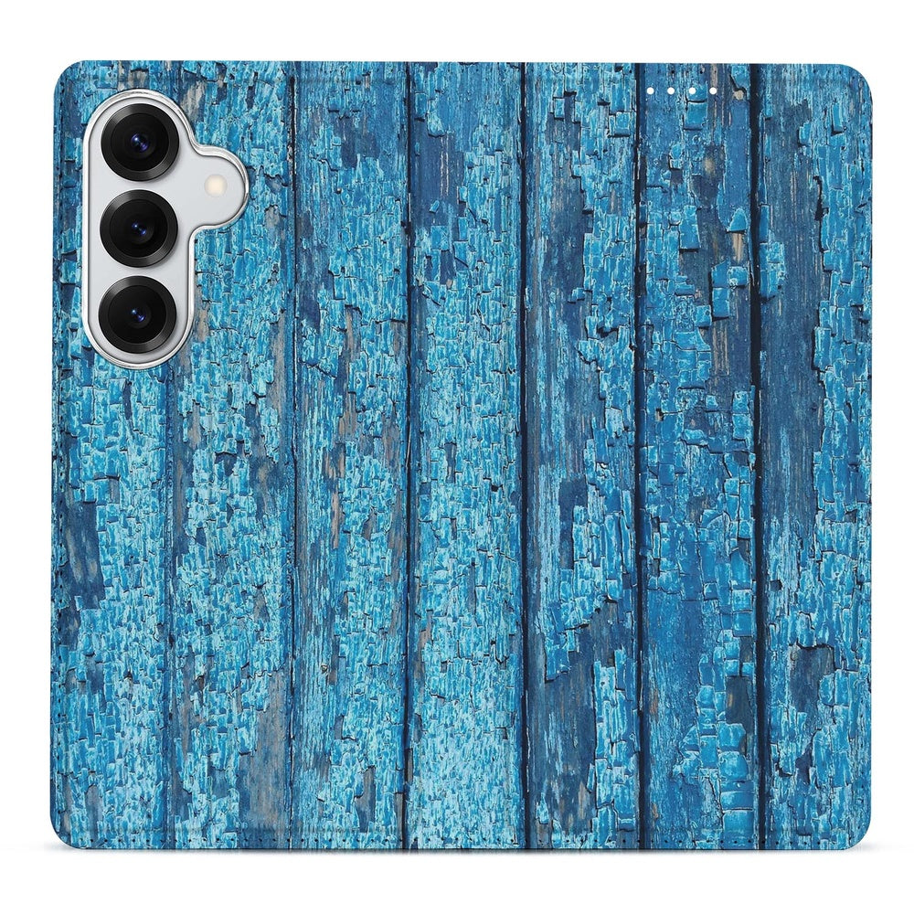 Samsung Galaxy S26 Flip Style Cover Wood Blue achterkant met afgebladderd blauw hout design.