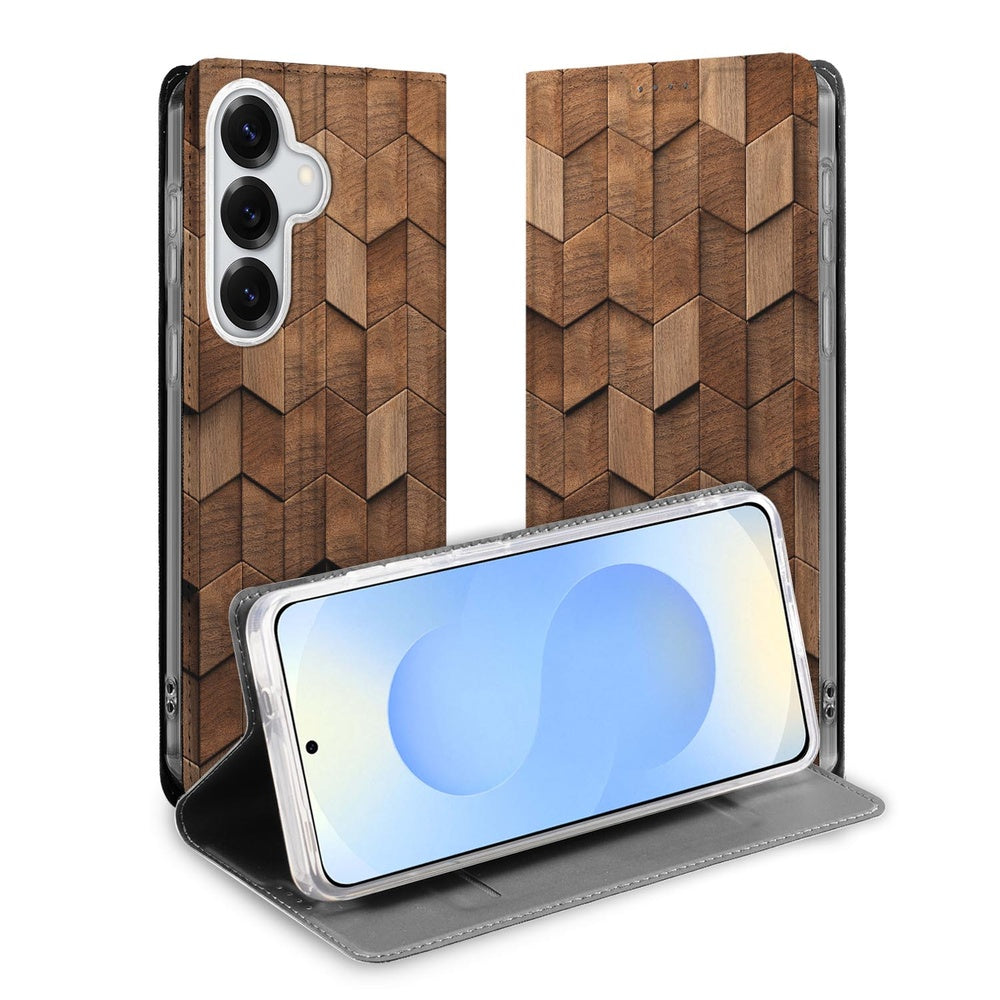 Samsung Galaxy S26 Smart Cover Hoesje Wooden Cubes houten blokken design voormidden overzicht.