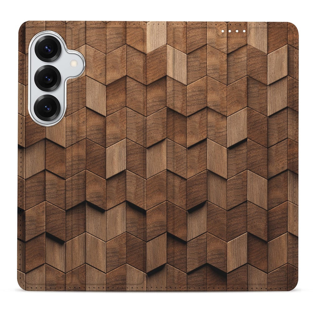 Samsung Galaxy S26 Smart Cover Hoesje Wooden Cubes houten kubussen design achteraanzicht.