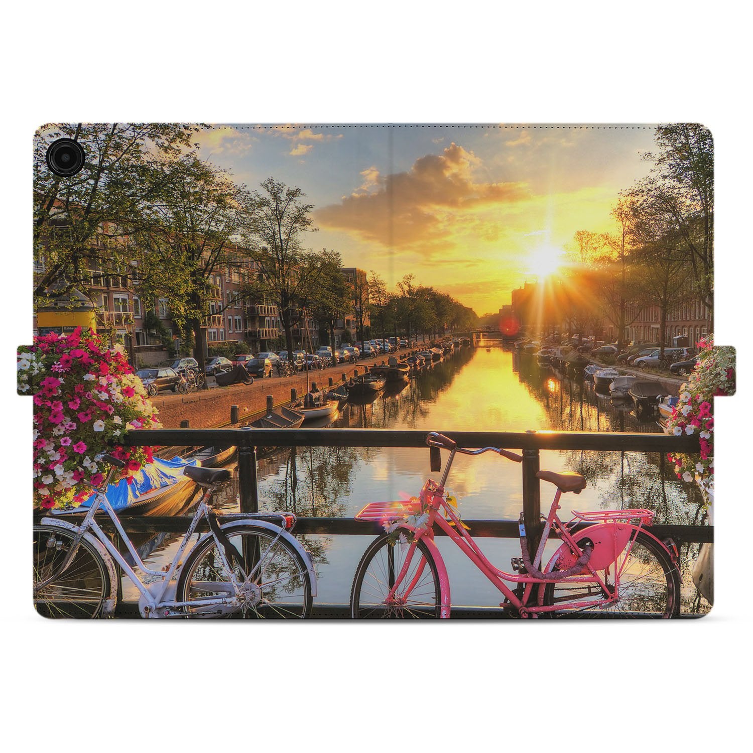 Samsung Galaxy Tab A11 Plus Book Case Hoesje met Standaard Amsterdamse Grachten zonsondergang fietsen