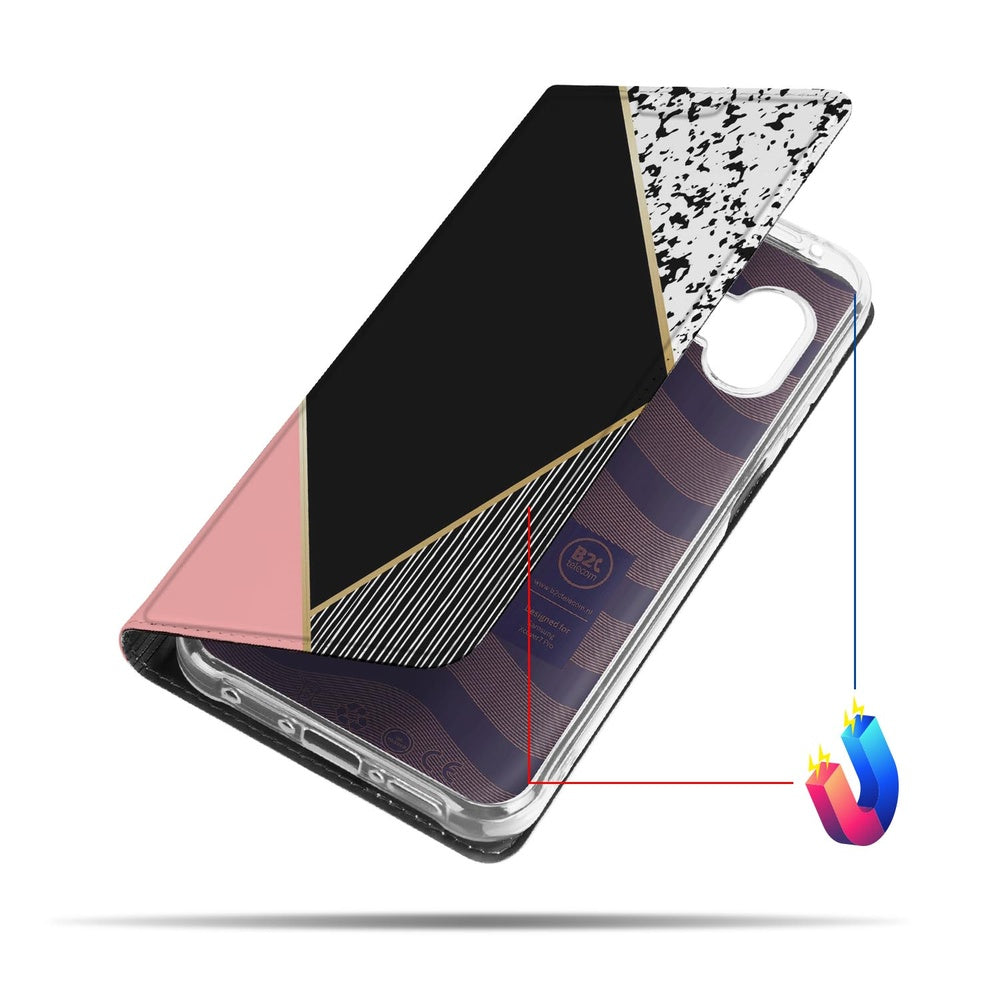 Samsung Galaxy Xcover 7 Pro Book Case Black Pink Shapes design stand case zwart roze wit