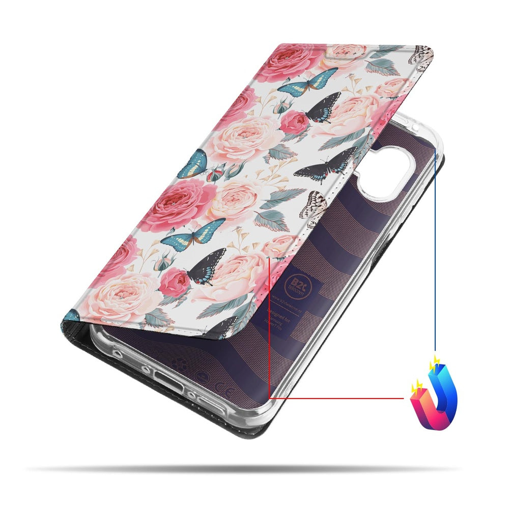 Samsung Galaxy Xcover 7 Pro Flip Style Cover Butterfly Roses hoesje voorkant bloemen vlinders