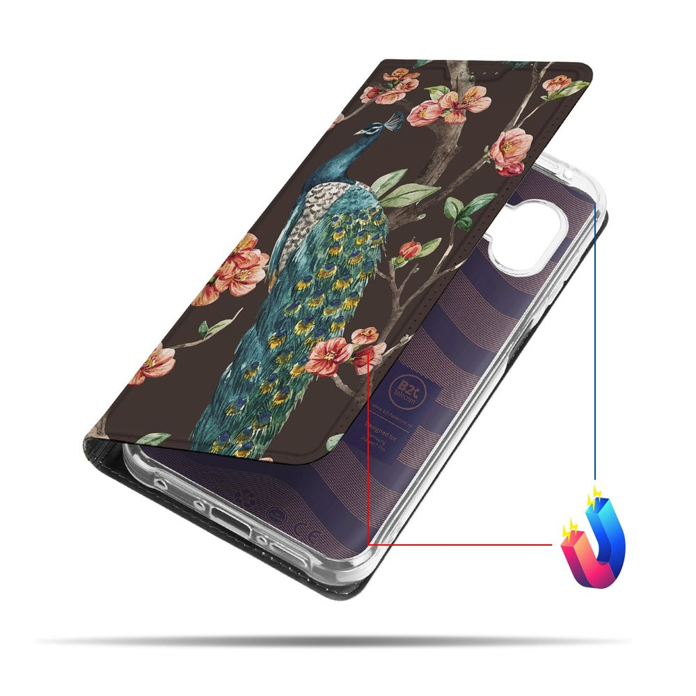 Book Cover Samsung Galaxy Xcover 7 Pro Pauw met Bloemen achterzijde voorkant bloemen pauw