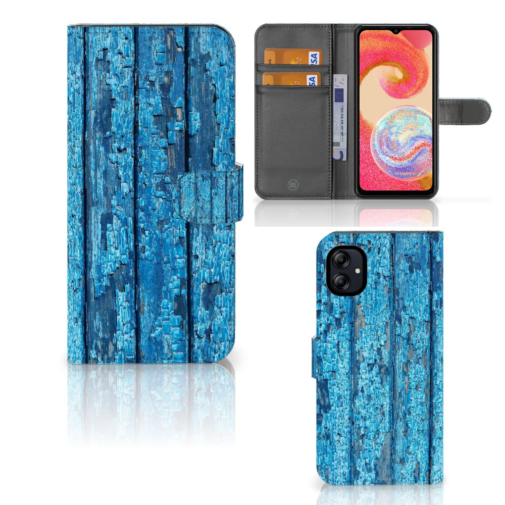 Samsung Galaxy A04e Book Style Case Wood Blue boekhoes afgebladderd blauw hout aanzicht