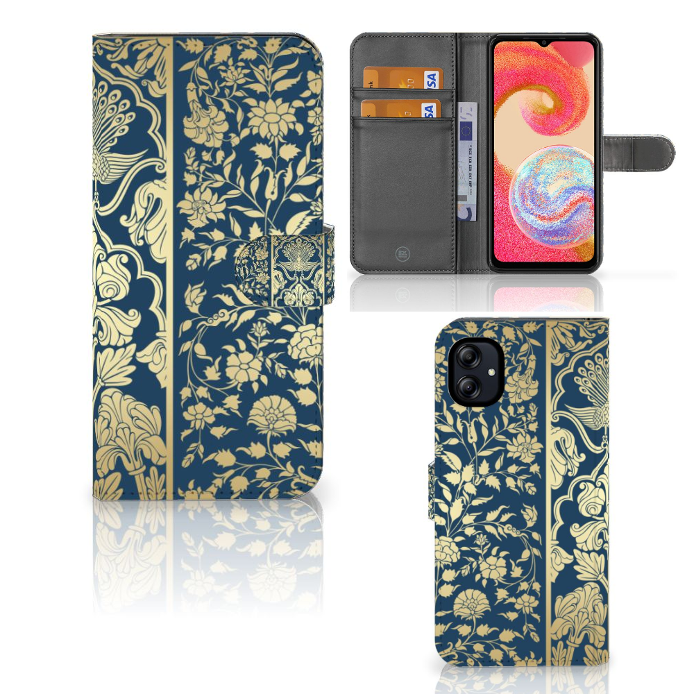 Samsung Galaxy A04e Hoesje Beige Flowers hoesje met bloemen donkerblauw design aanzicht