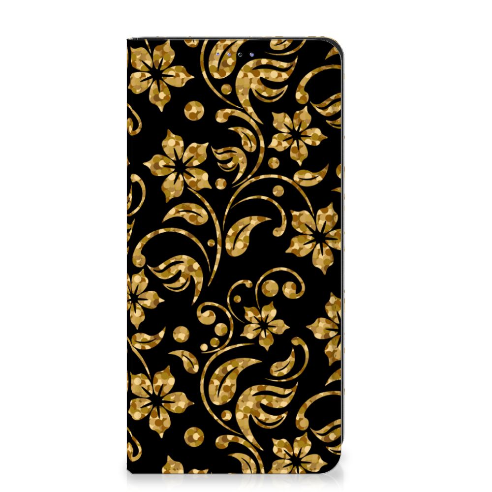 Samsung Galaxy A05 Smart Cover Gouden Bloemen telefoonhoesje gouden bloemen ontwerp voorkant