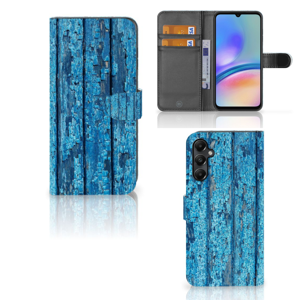 Samsung Galaxy A05s Book Style Case Wood Blue boekhoesje blauw hout design voorzijde zijaanzicht