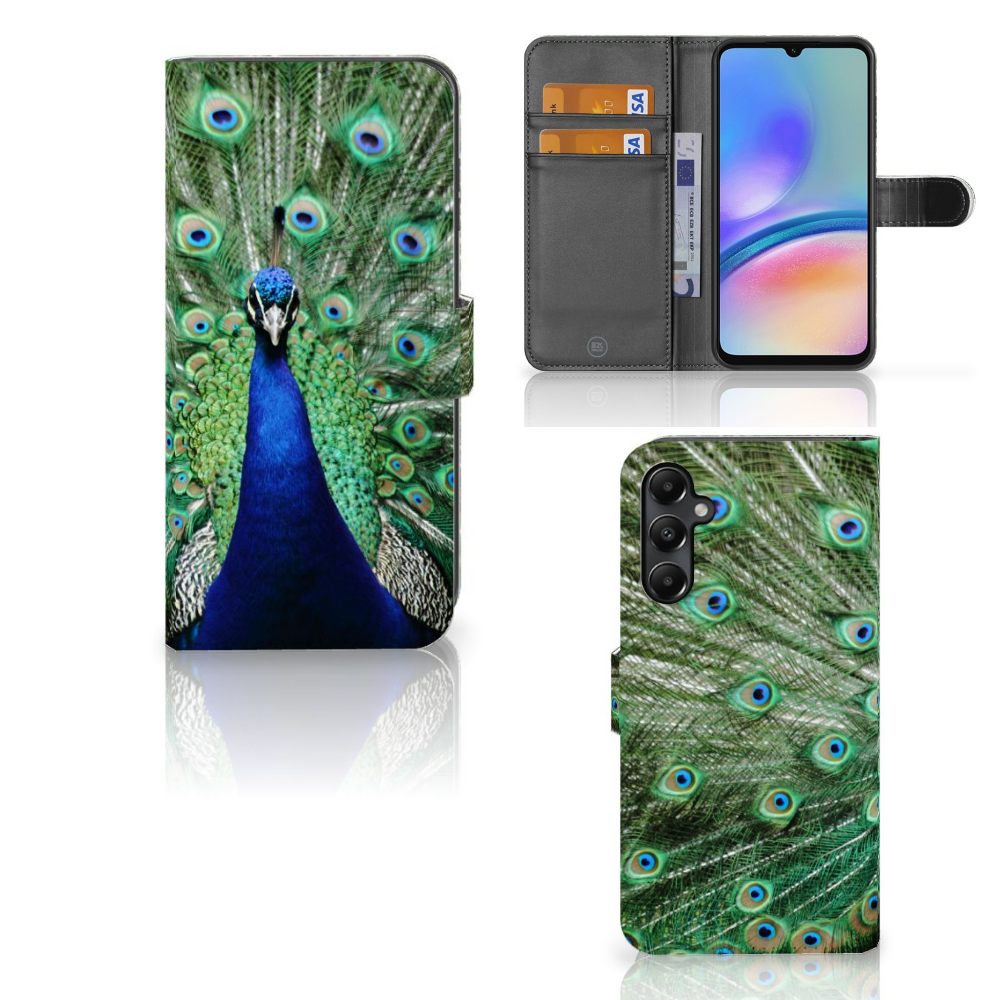 Samsung Galaxy A05s Telefoonhoesje met Pasjes Pauw telefoonhoesje pauw design aanzicht