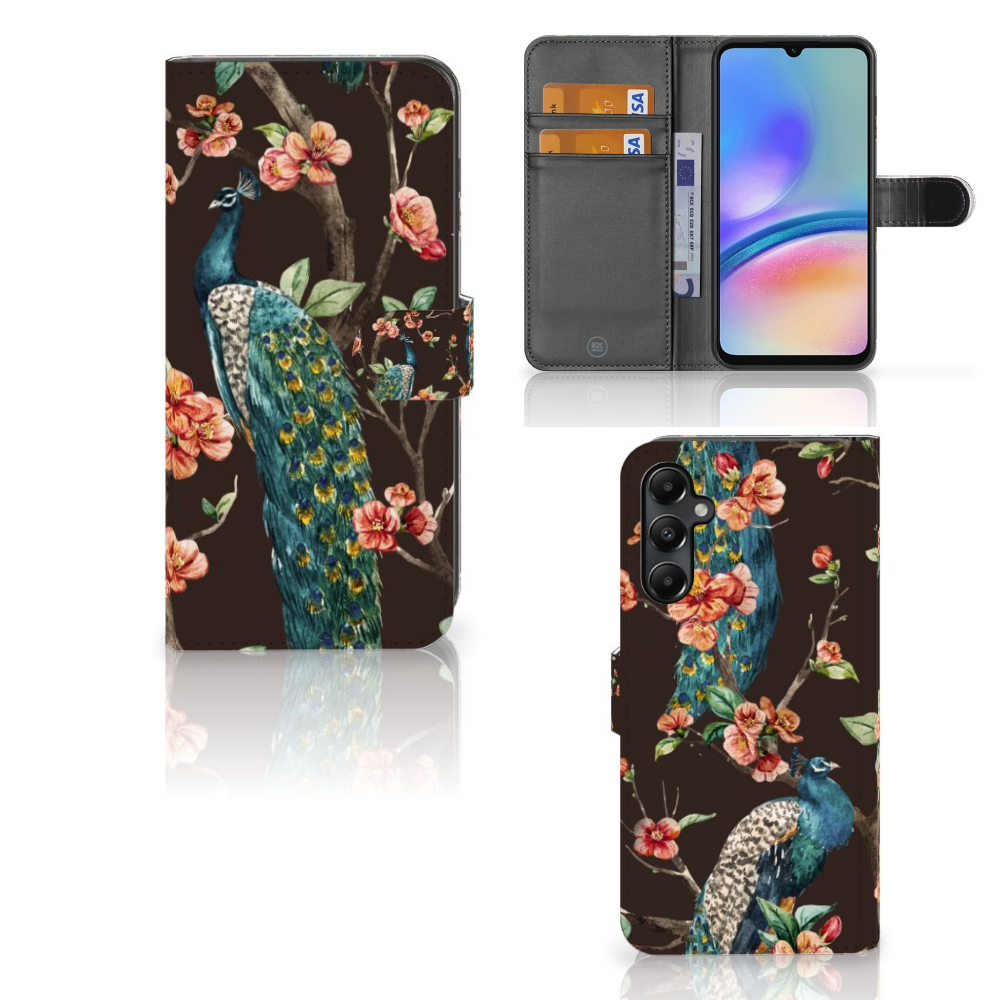 Samsung Galaxy A05s Telefoonhoesje met Pasjes Pauw met Bloemen telefoonhoesje pauw bloemen aanzicht