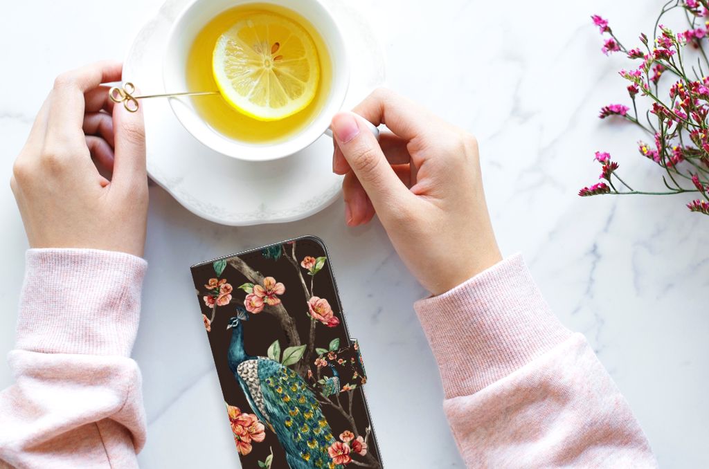 Samsung Galaxy A05s Telefoonhoesje met Pasjes Pauw met Bloemen product telefoonhoesje pauw bloemen aanzicht