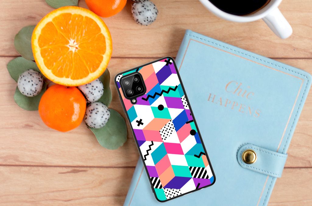 Samsung Galaxy A12 Backcover Blokken Kleurrijk Abstract print bovenaanzicht