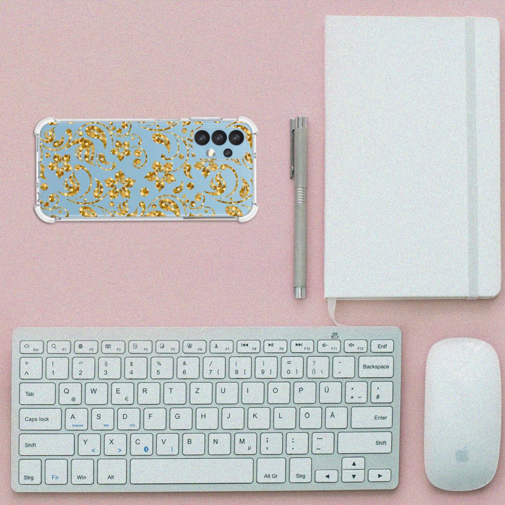Samsung Galaxy A13 (4G) Case Gouden Bloemen bovenaanzicht toetsenbord muis notitieboek