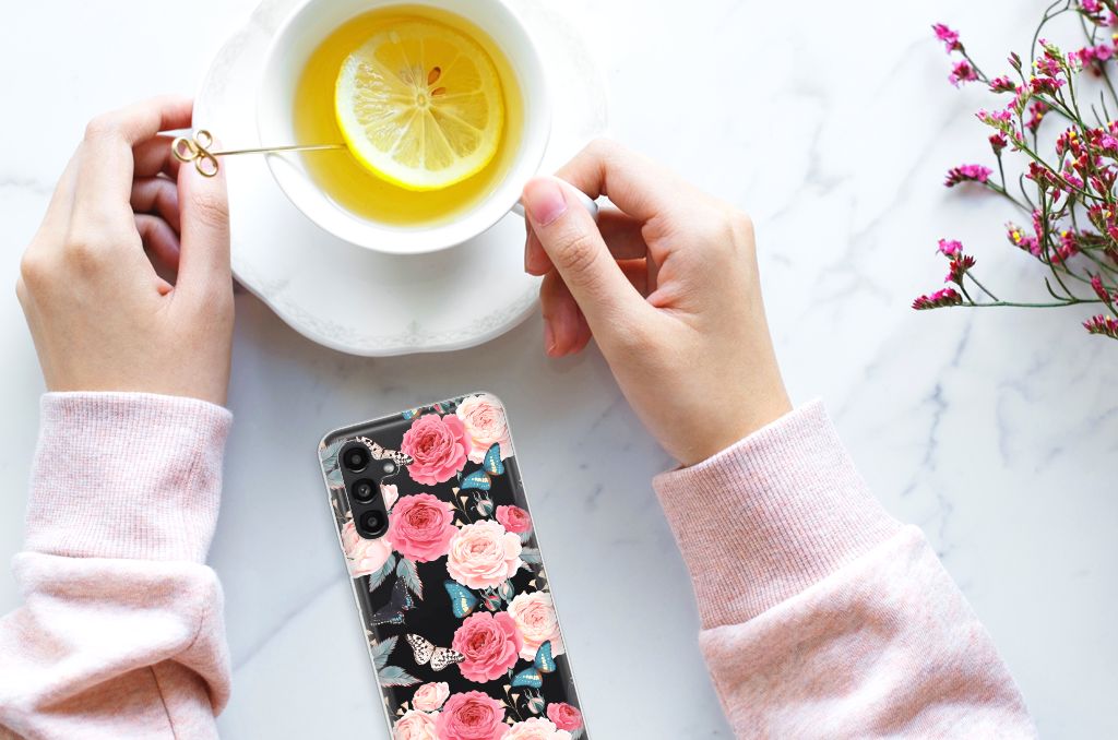 Samsung Galaxy A13 | A04s TPU Case Butterfly Roses hand drinken thee bovenaanzicht