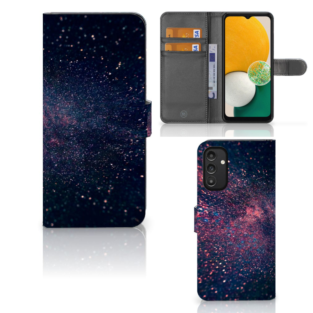 Samsung Galaxy A14 4G Book Case Stars with glittery cosmic design and space for cards.