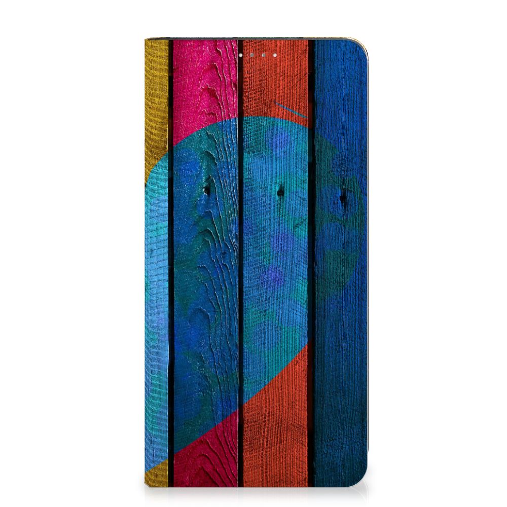 Samsung Galaxy A14 4G Book Wallet Case Wood Heart - Cadeau voor je Vriend met kleurrijke houtprint.