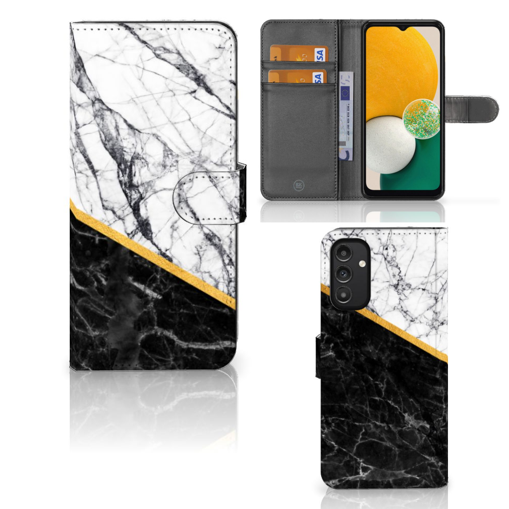 Samsung Galaxy A14 4G Bookcase Marmer Wit Zwart - Origineel Cadeau Man met luxe marmer patroon en gouden scheidingslijn.