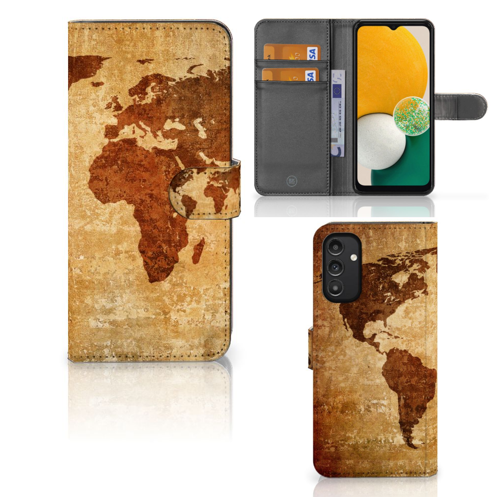 Samsung Galaxy A14 4G Flip Cover Wereldkaart met pasjes en een vintage wereldkaart ontwerp.
