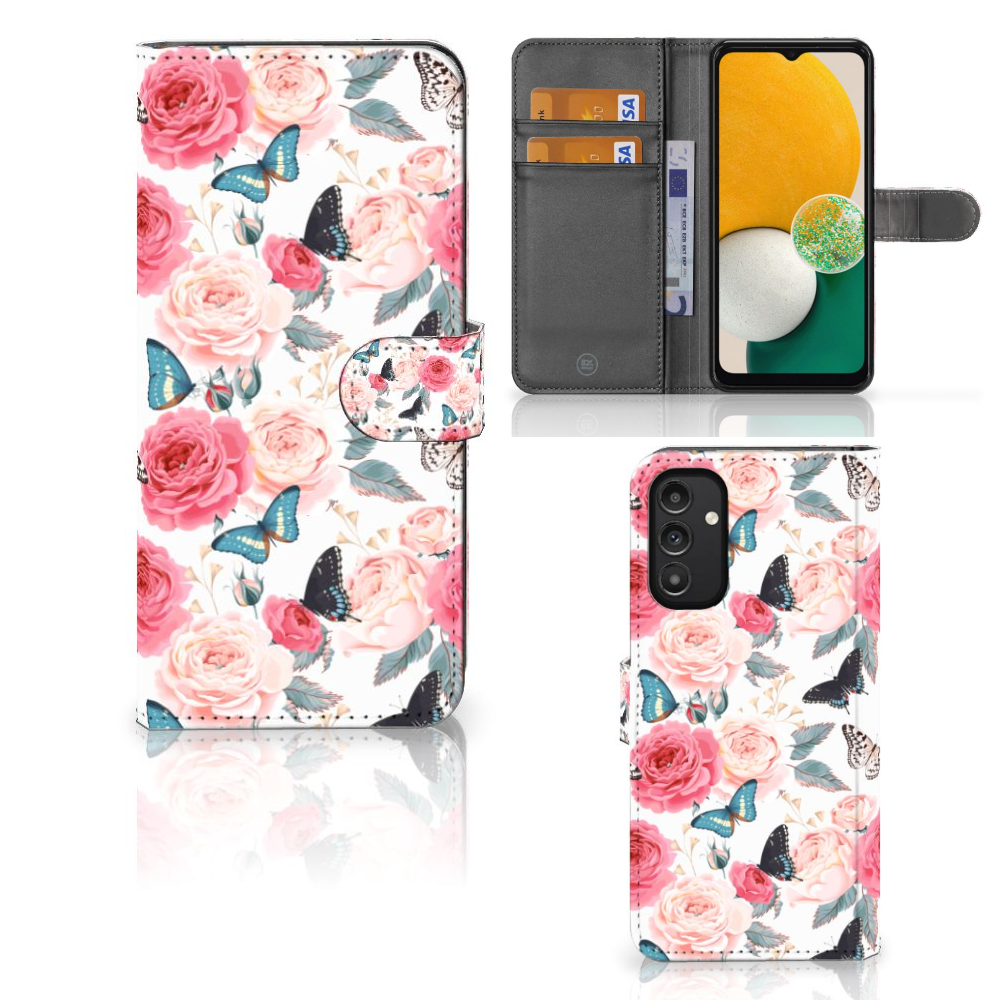 Samsung Galaxy A14 4G Hoesje Butterfly Roses met roze rozen en vlinders in TPU en kunstleer.