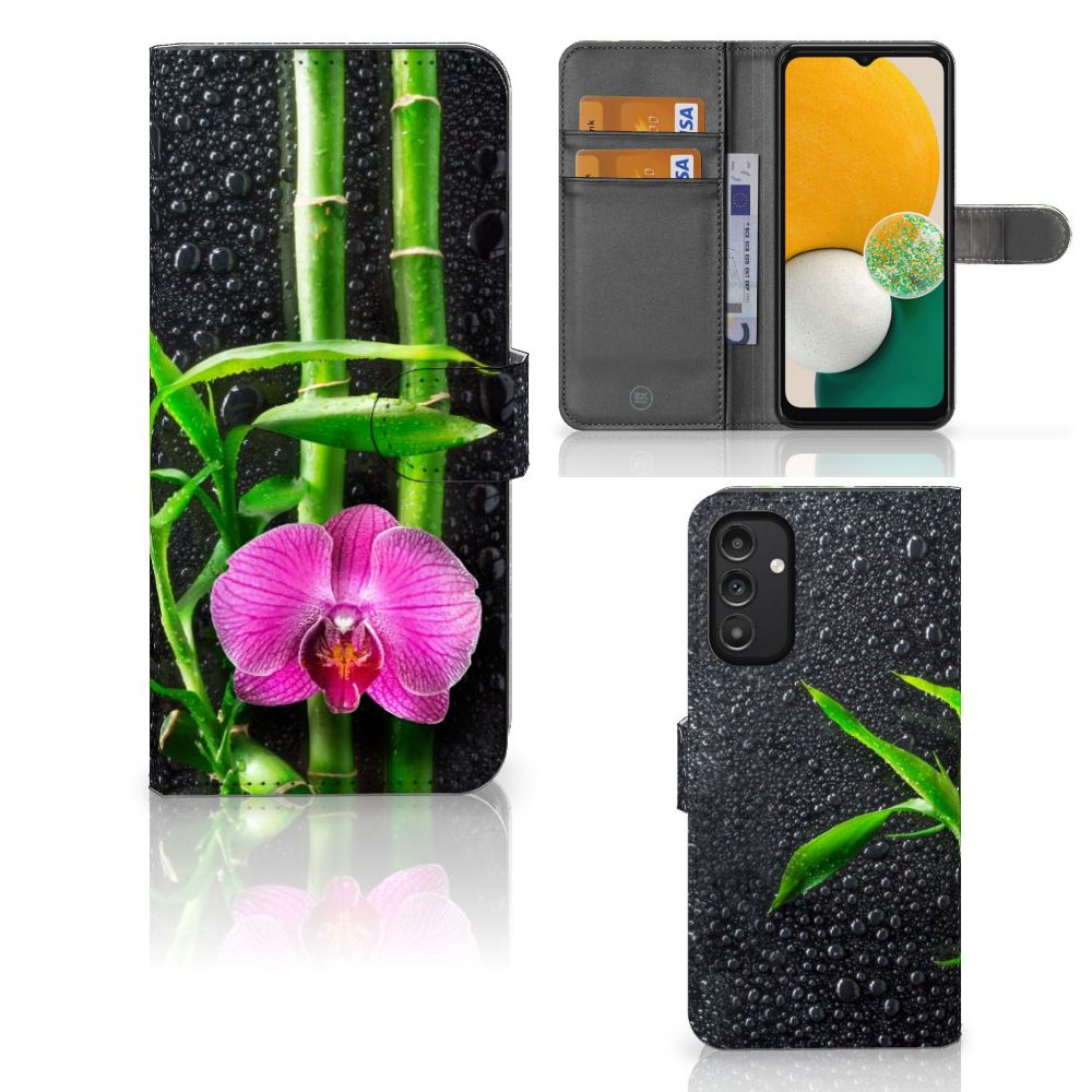 Samsung Galaxy A14 4G Hoesje Orchidee met paarse orchidee op een zwarte achtergrond en kaartenhouder.